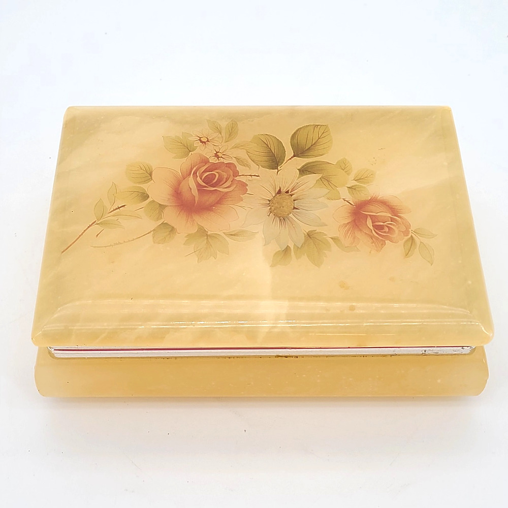 Vintage Himark Giftware Designs Italy Alabaster Trinket Jewelry Box Giftbox Rose